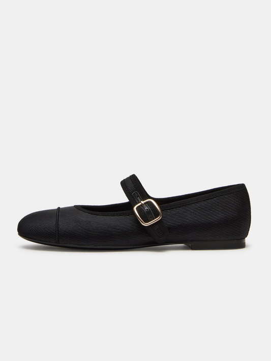 Black Cloth Round-Toe Bridge Strap Side Buckle Mary Janes Ballet Flats