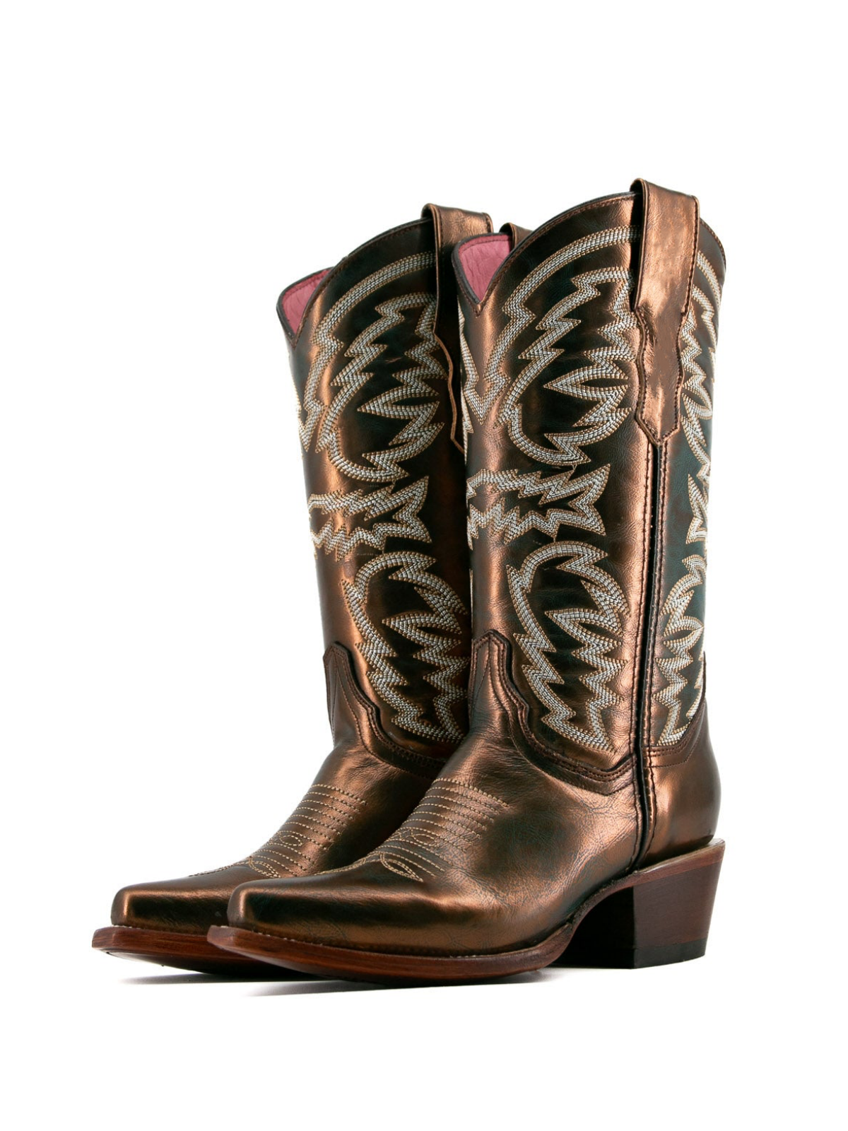 Metallic Bronze Snip-Toe Embroidery Wide Mid Calf Cowgirl Boots