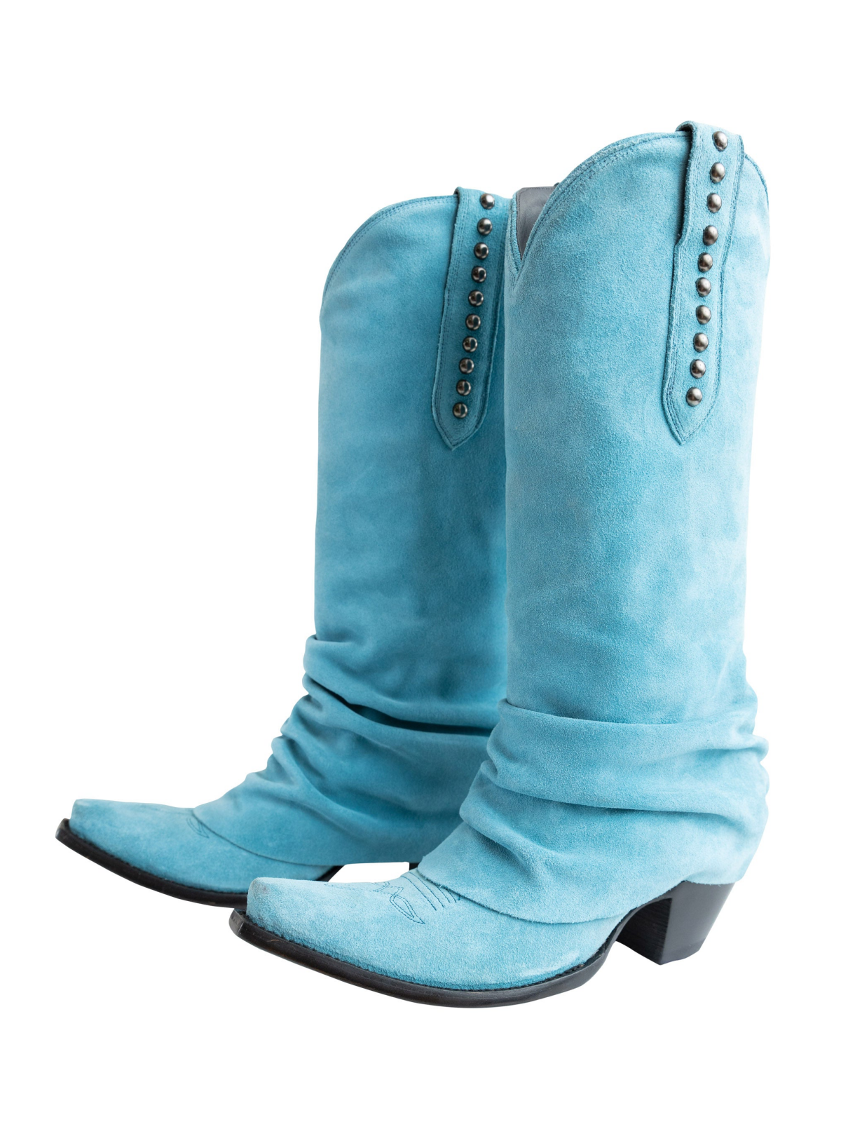 Blue Faux Suede Snip-Toe Studded Tall Wide Mid Calf Fold-Over Slouch Cowgirl Boots