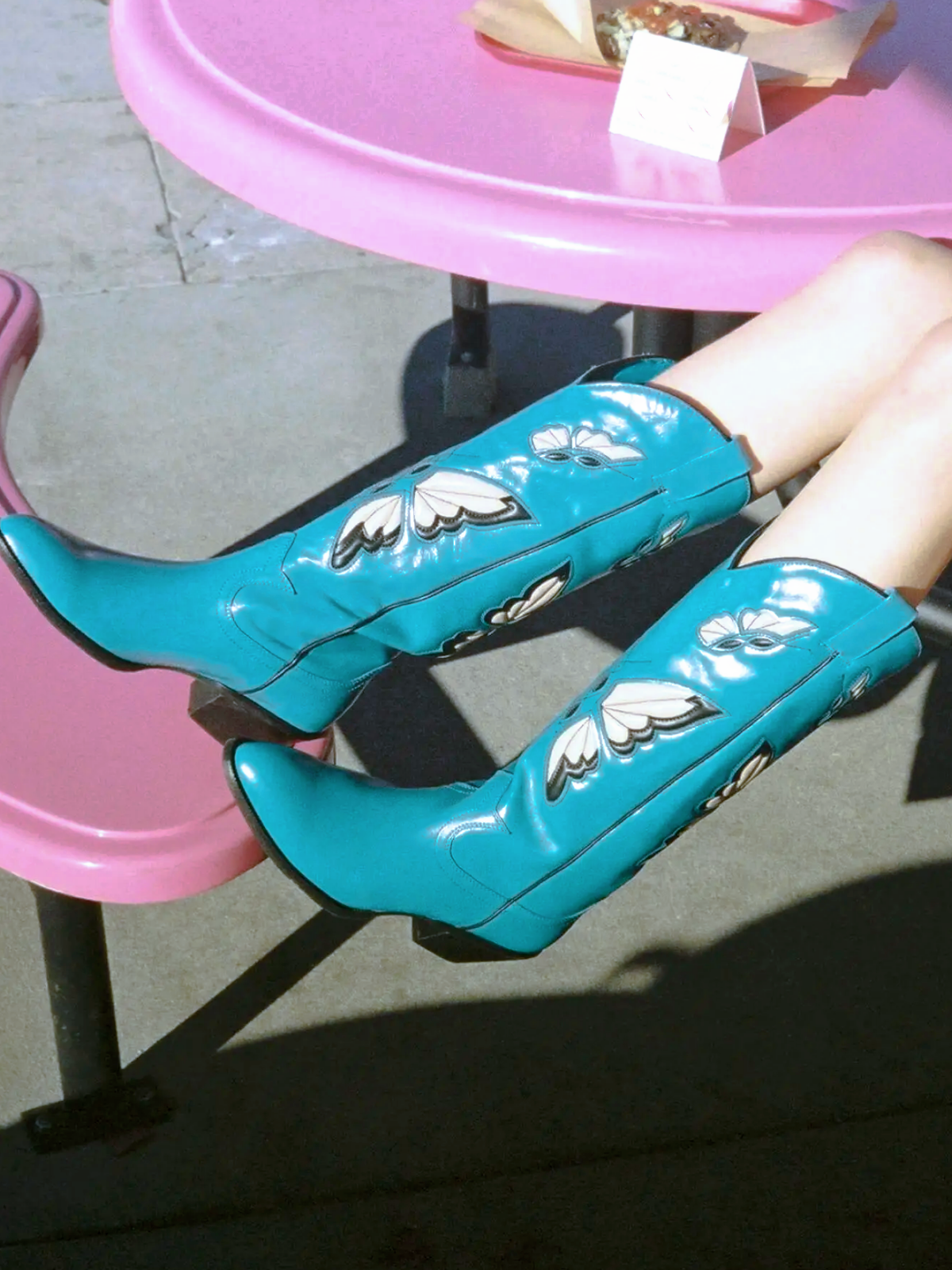 Blue Round-Toe Butterfly Inlay Wide Mid Calf Cowgirl Boots