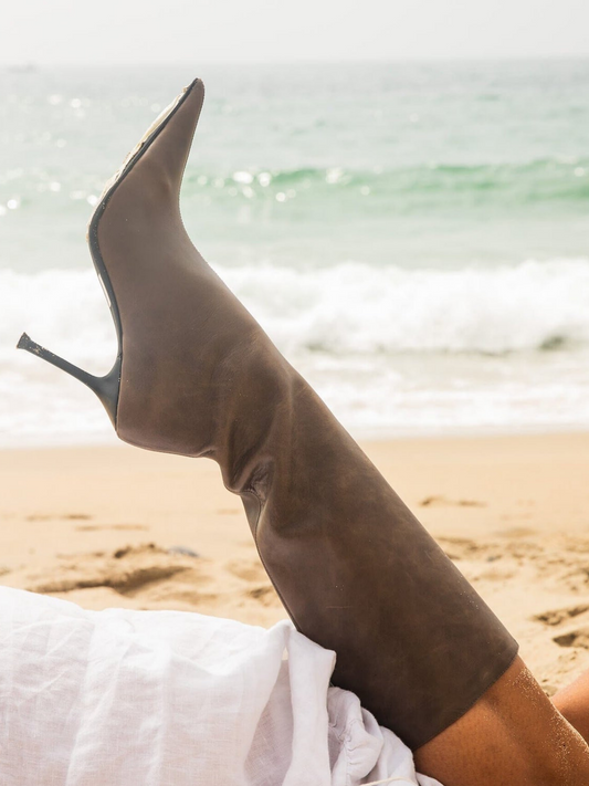 Distressed Taupe Pointed-Toe Full-Zip Mid Calf Stiletto Boots