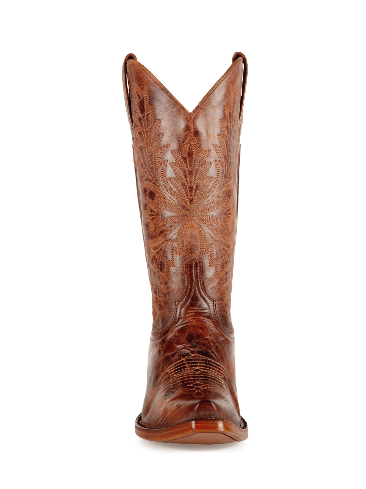 Distressed Leaf Embroidery Snip-Toe Wide Mid Calf Tall Cowgirl Boots - Brown