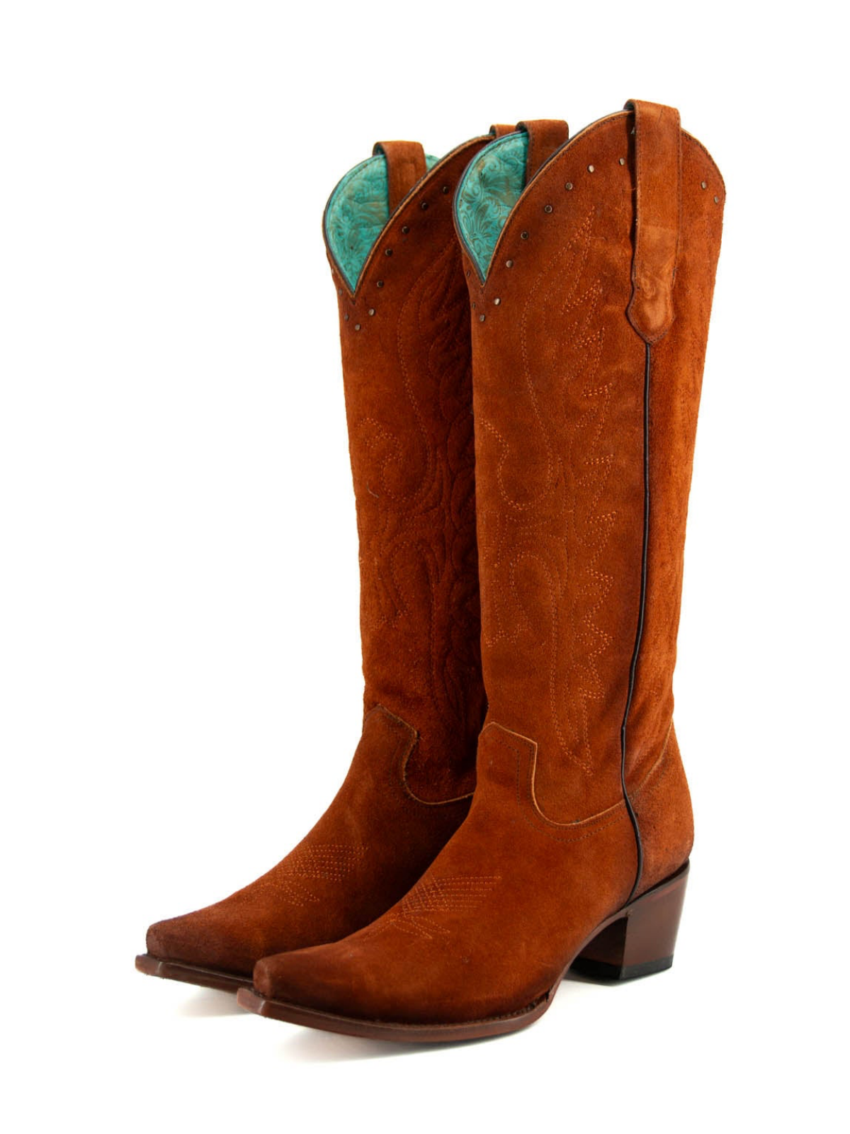 Brown Faux Suede Eagle Embroidery Studded Snip-Toe Half-Zip Tall Knee High Cowgirl Boots