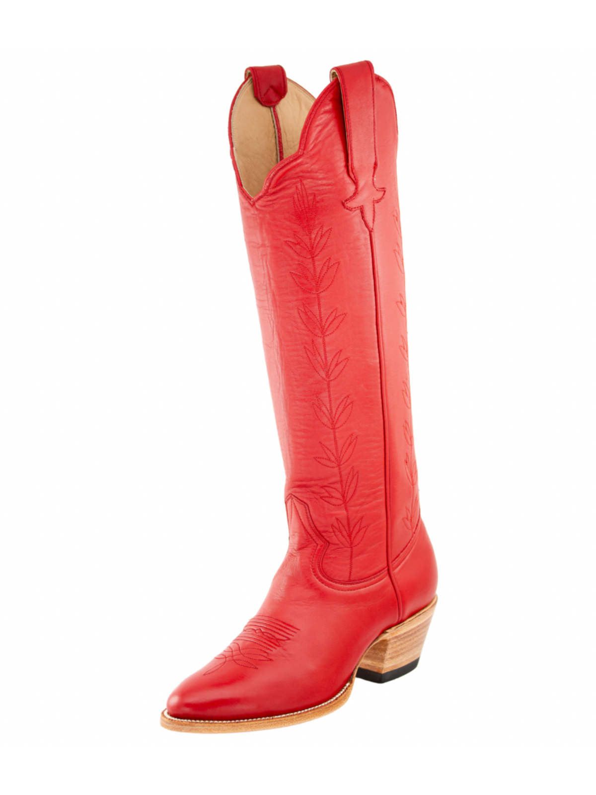 Almond-Toe Leaves Embroidery Wide Calf Knee High Cowgirl Boots - Red