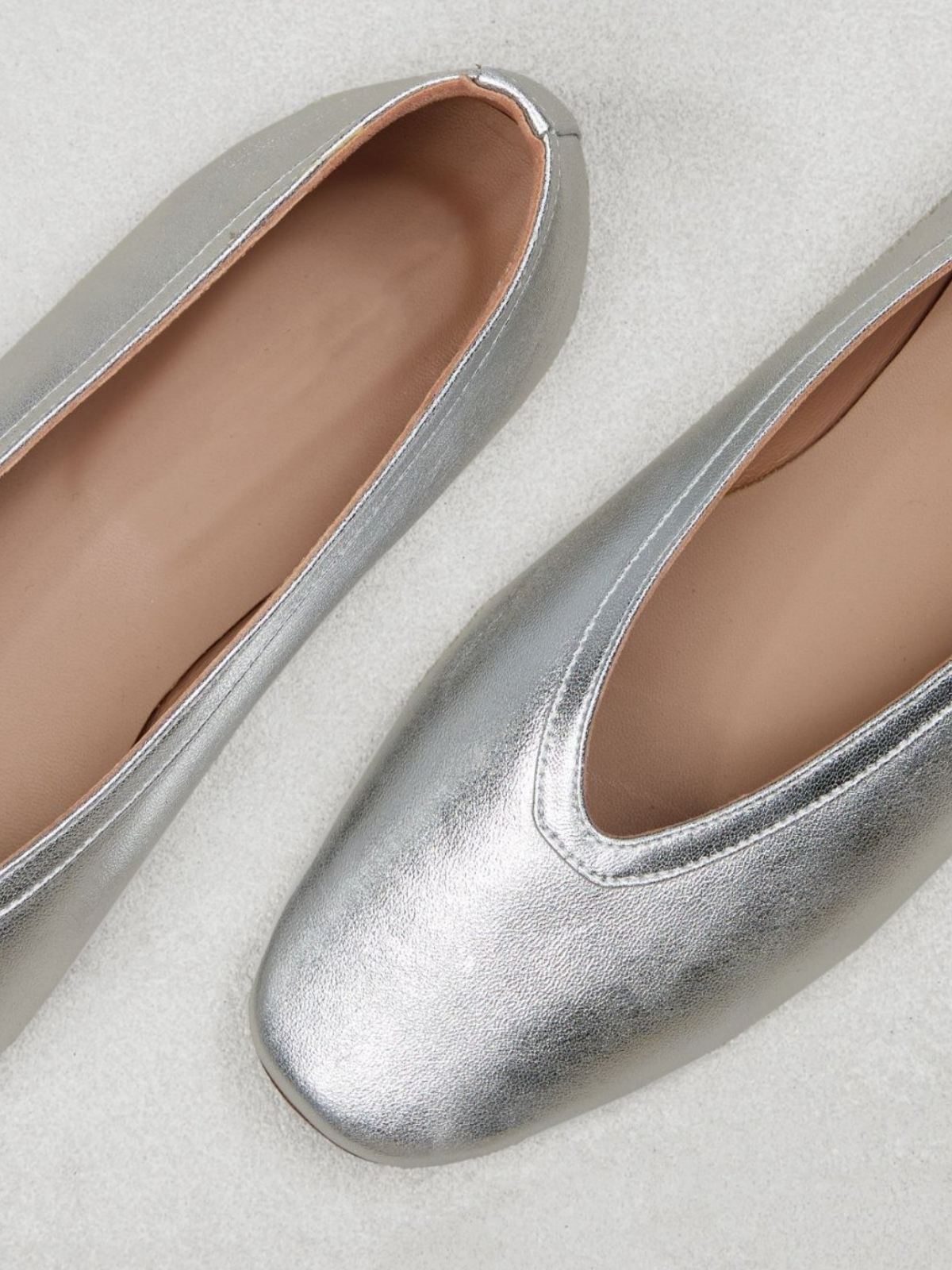 Metallic Silver Square Toe Slip-On Ballet Flats