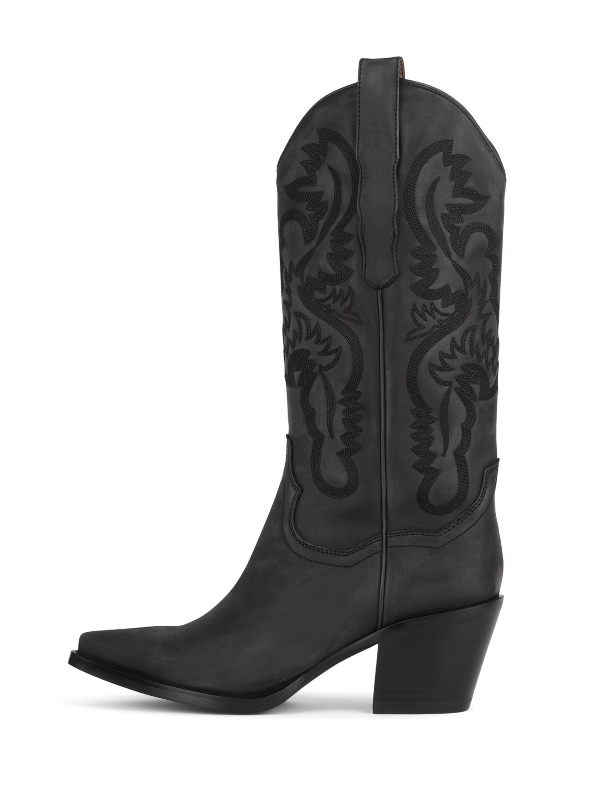 Black Snip-Toe Western Embroidery Wide Mid Calf Tall Cowgirl Boots