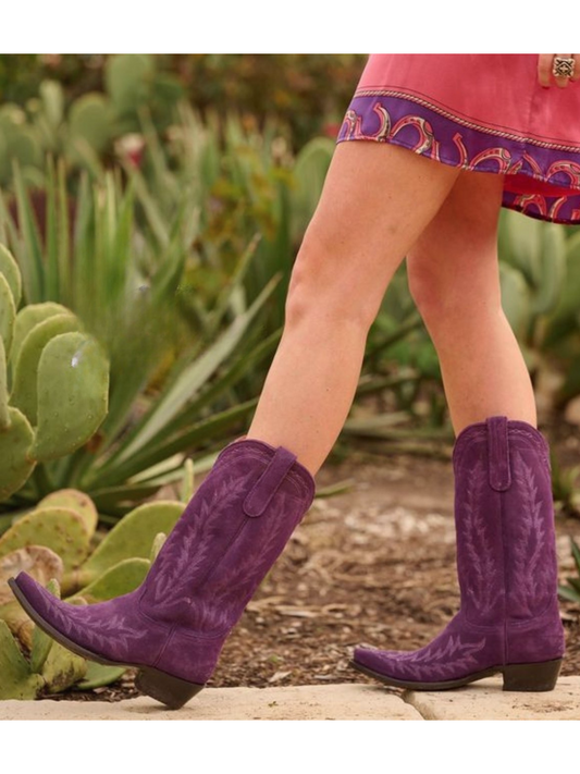 Purple Faux Suede Embroidery Snip-Toe Wide Mid Calf Tall Western Boots