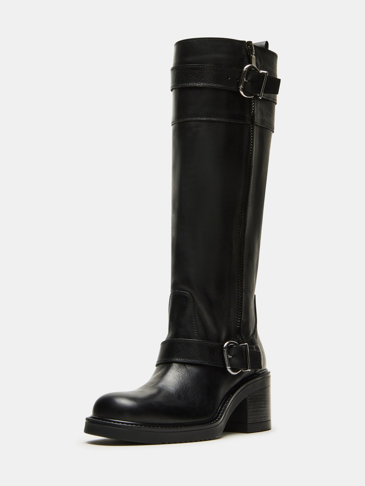 Black Round Square-Toe Mid Calf Full-Zip Cowgirl Boots With Buckles