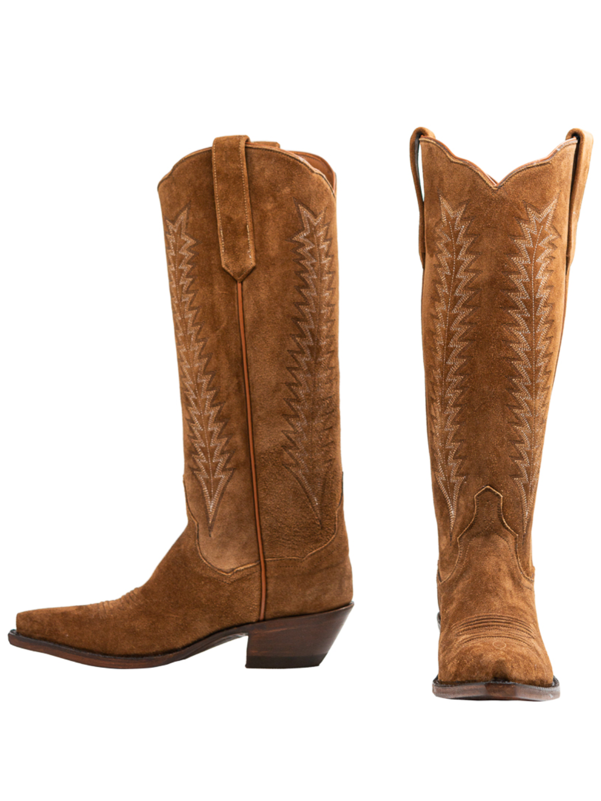 Cognac Faux Suede Snip-Toe Embroidery Wide Mid Calf Tall Cowgirl Boots