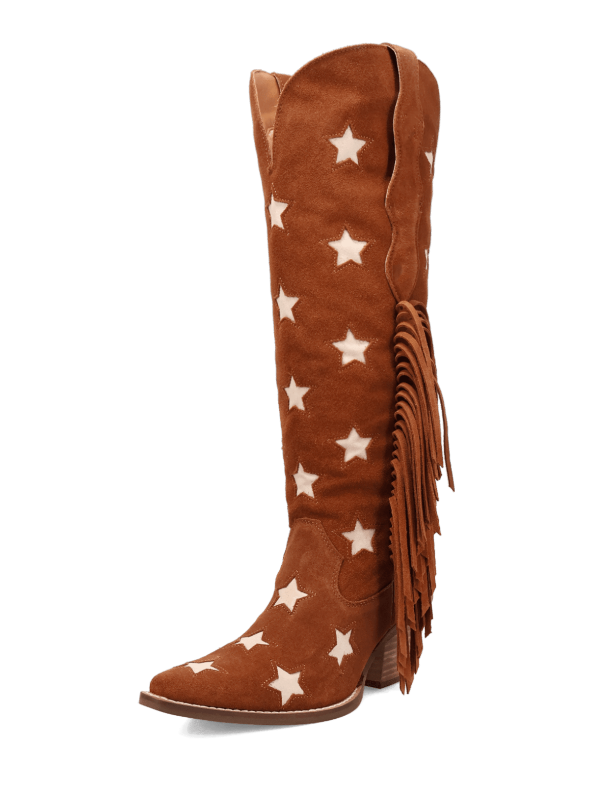 Fringe Faux Suede Snip-Toe Stars Inlay Wide Calf Knee High Cowgirl Boots - Camel