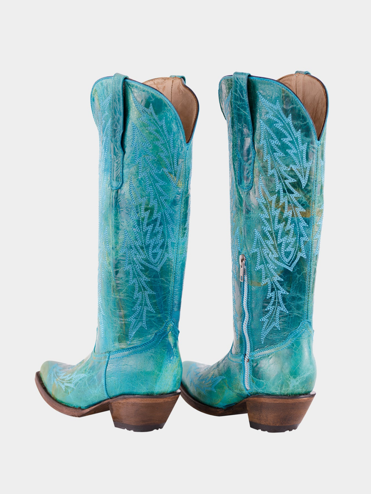 Distressed Snip-Toe Leaf Embroidery Half-Zip Mid Calf Tall Cowgirl Boots - Turquoise