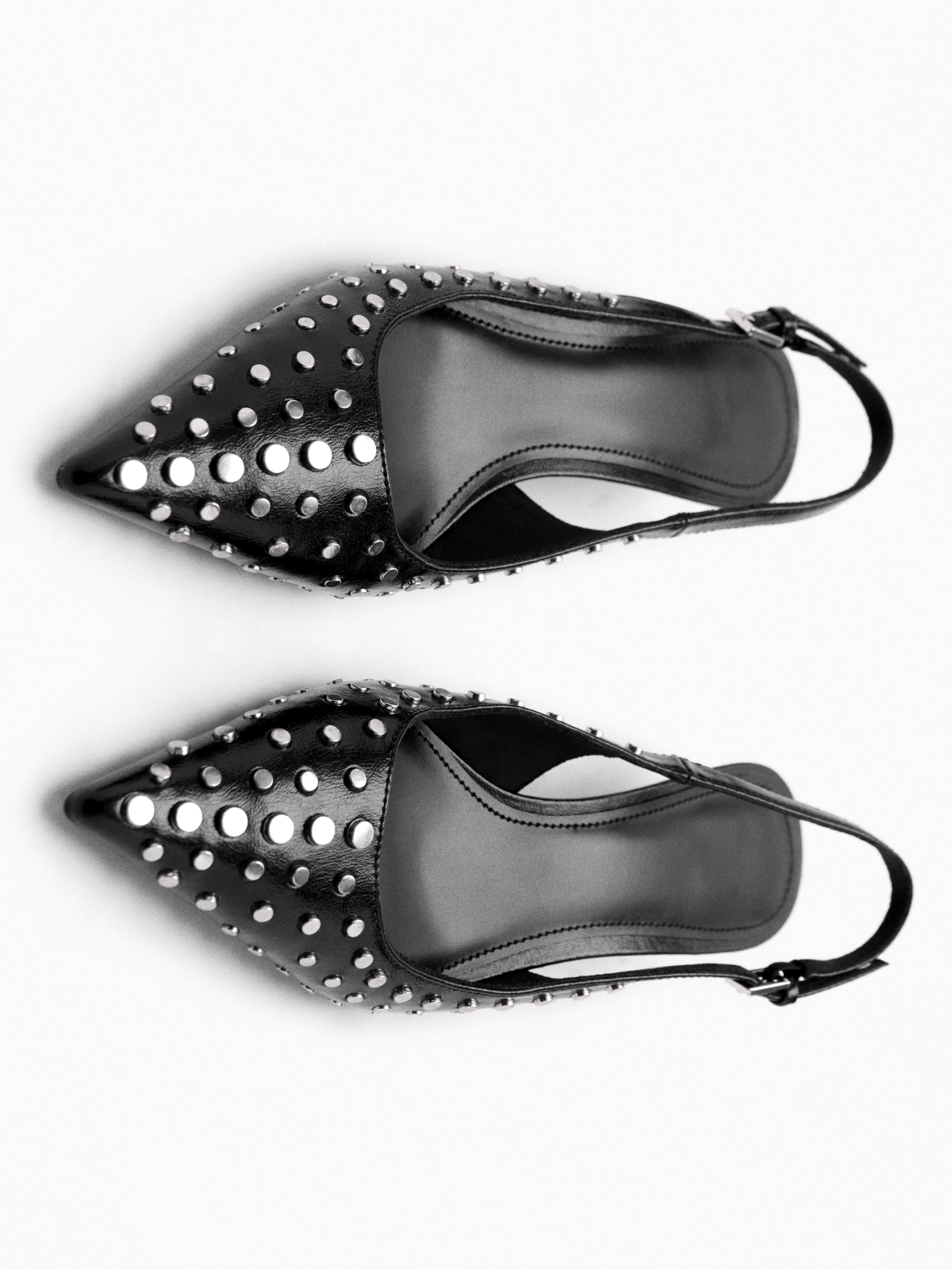 Black Pointed-Toe Studded Slingback Buckle Kitten Heels