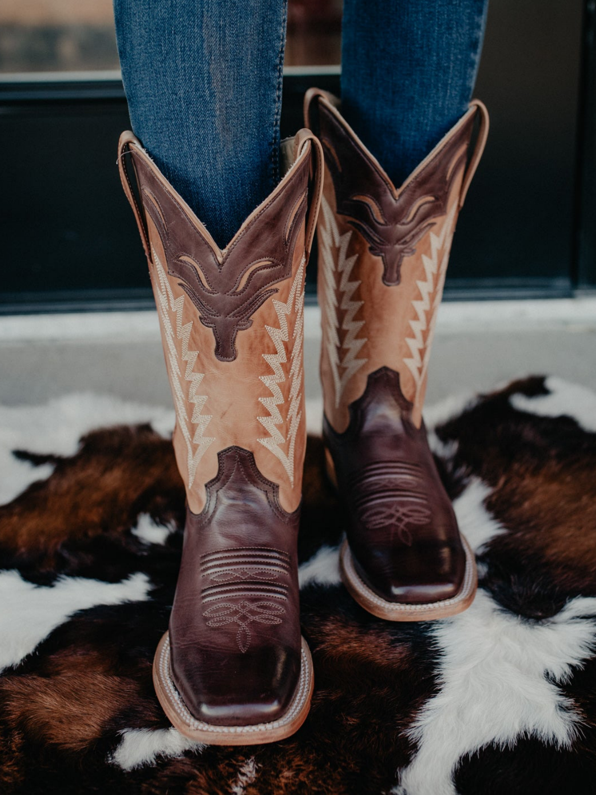 Contrast Tri-Color Square-Toe Embroidery Wide Mid Calf Cowgirl Boots