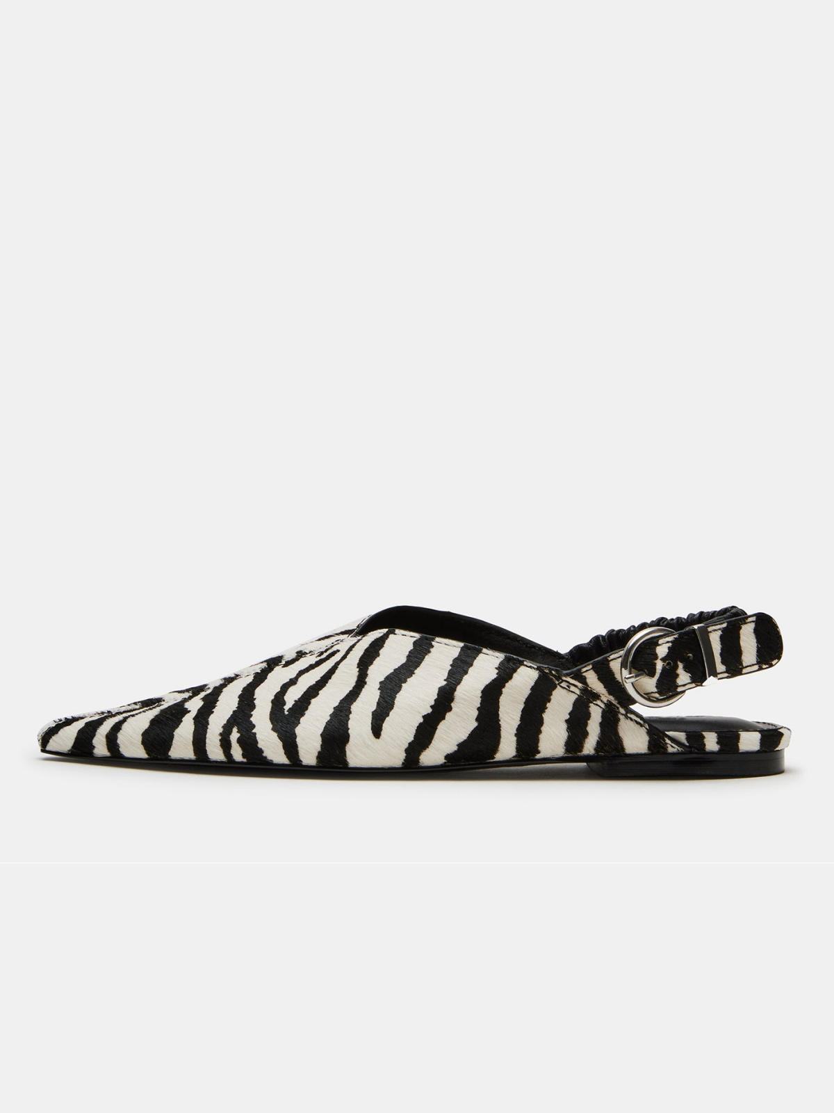 Zebra-Print Pony Hair Pointed-Toe Ruched Slingback Ballet Flats