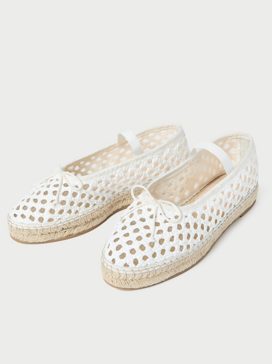 White Almond-Toe Elastic Bridge Strap Mesh Bow Espadrille Ballet Flats