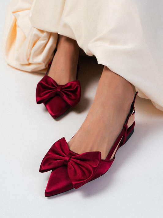 Burgundy Satin Bow Pointy Ballet Flats Slingbacks With Buckled Strap