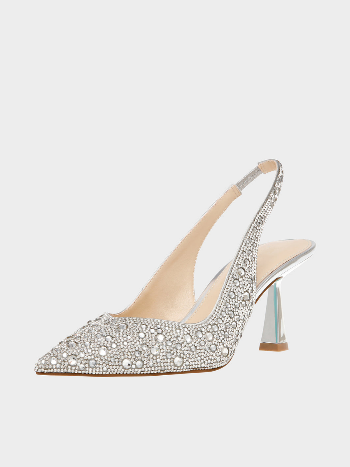 Metallic Silver Pointed-Toe Rhinestone Slingback Kitten Heels