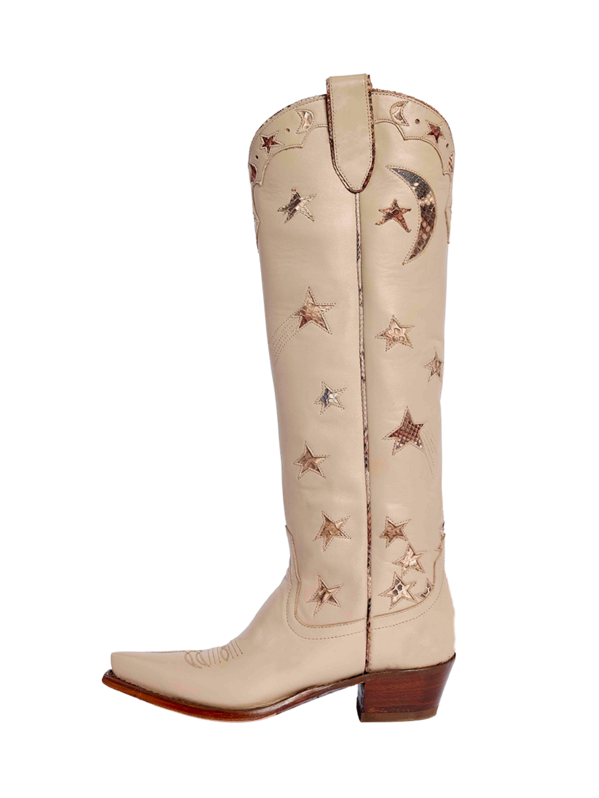 Beige Snip-Toe Snakeskin Star And Moon Inlay Wide Calf Tall Knee High Cowgirl Boots