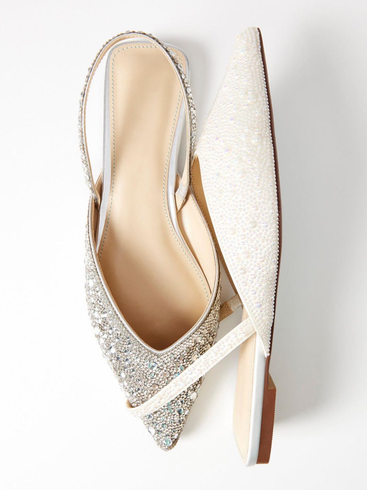 Ivory Faux Suede Pointed-Toe Rhinestone Slingback Ballet Flats