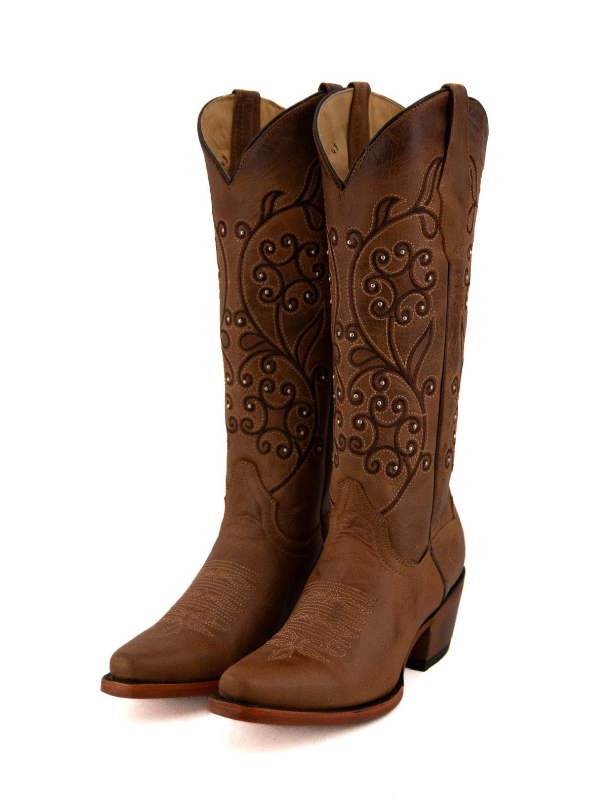 Dark Brown Studded Floral Embroidery Snip-Toe Wide Mid Calf Cowgirl Boots