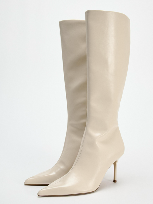 Ivory Pointed-Toe Full-Zip Mid Calf Stiletto Boots