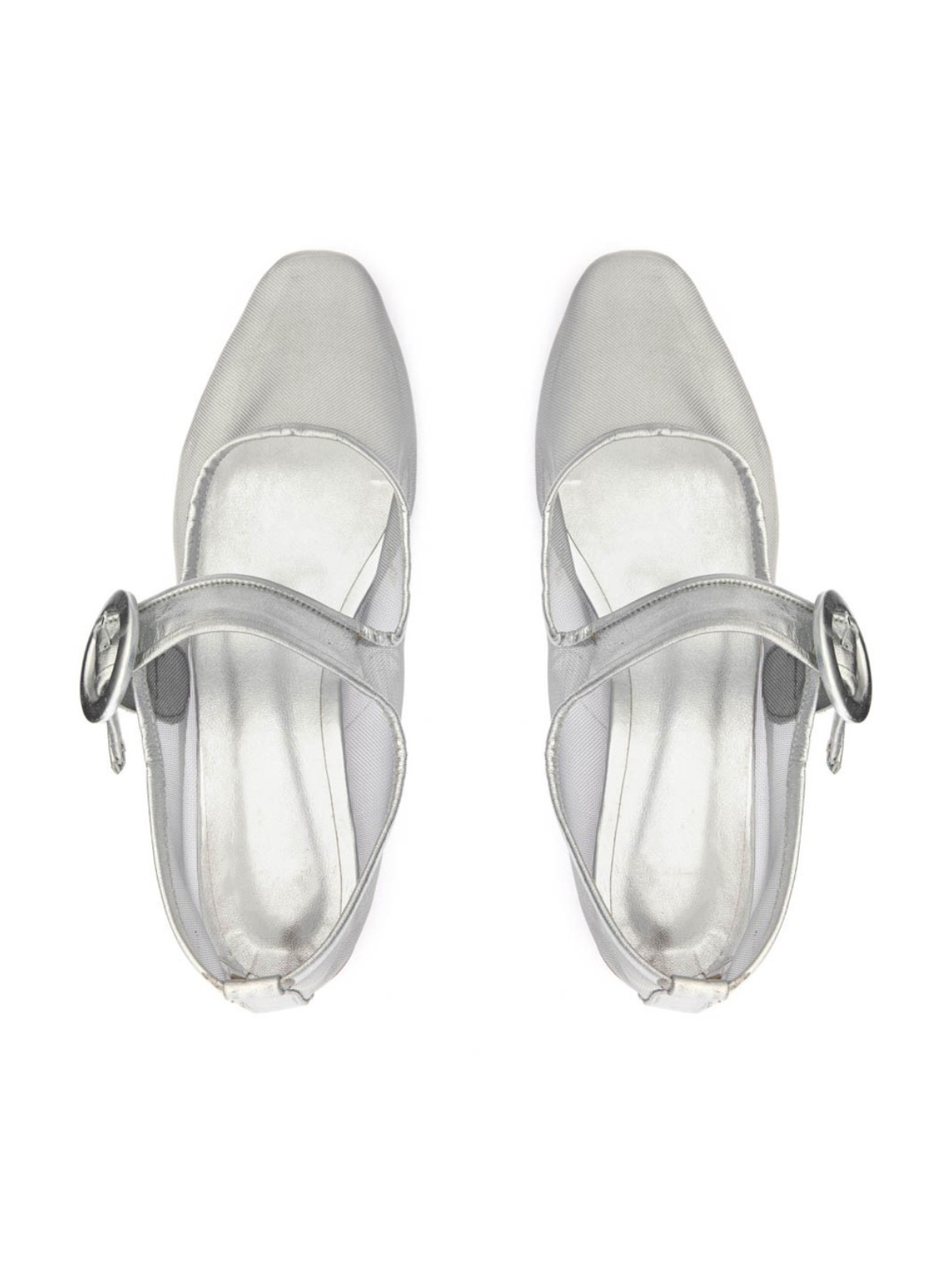 Metallic Silver Mesh Elongated Ballet Flats Mary Janes With Oversized Buckle