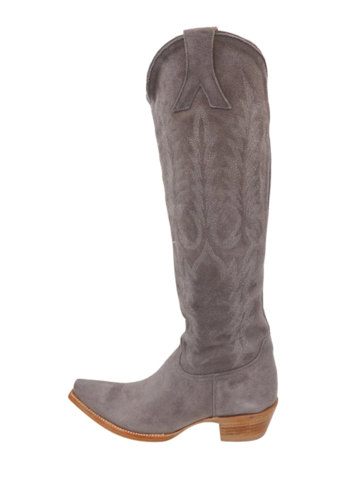 Embroidery Half-Zip Snip-Toe Tall Knee High Cowgirl Boots - Gray Faux Suede