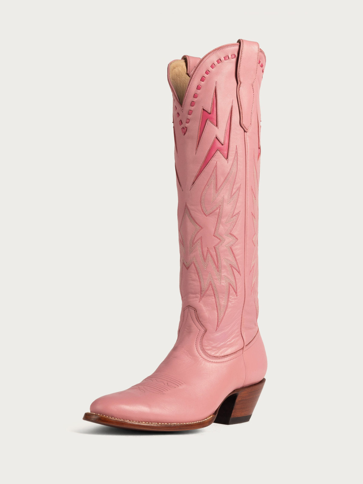 Lightning Inlay Stitch Embroidery Almond-Toe Wide Mid Calf Cowgirl Boots - Pink