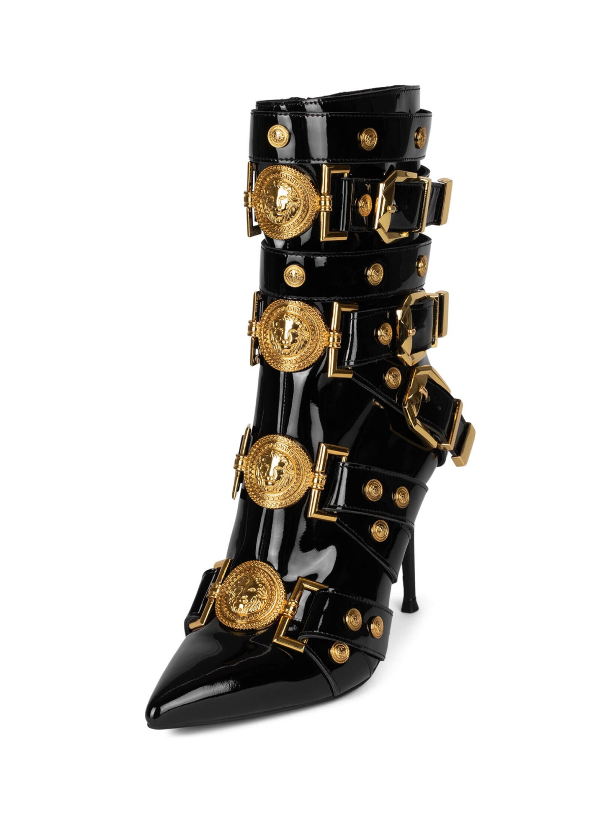 Patent Black Pointed-Toe Full-Zip Strappy Buckled Mid Calf Stiletto Boots With Gold Lion Emblems