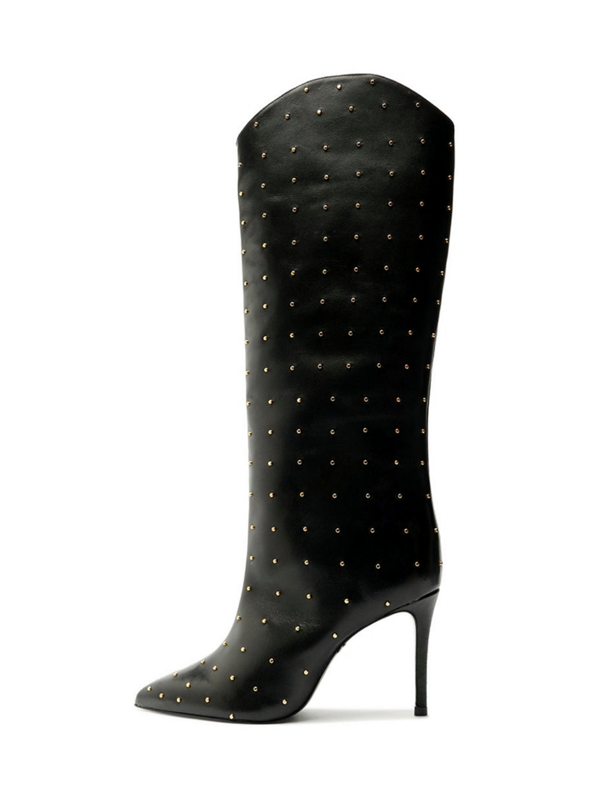 Black Pointed-Toe Wide Mid Calf Stiletto Boots With Studs