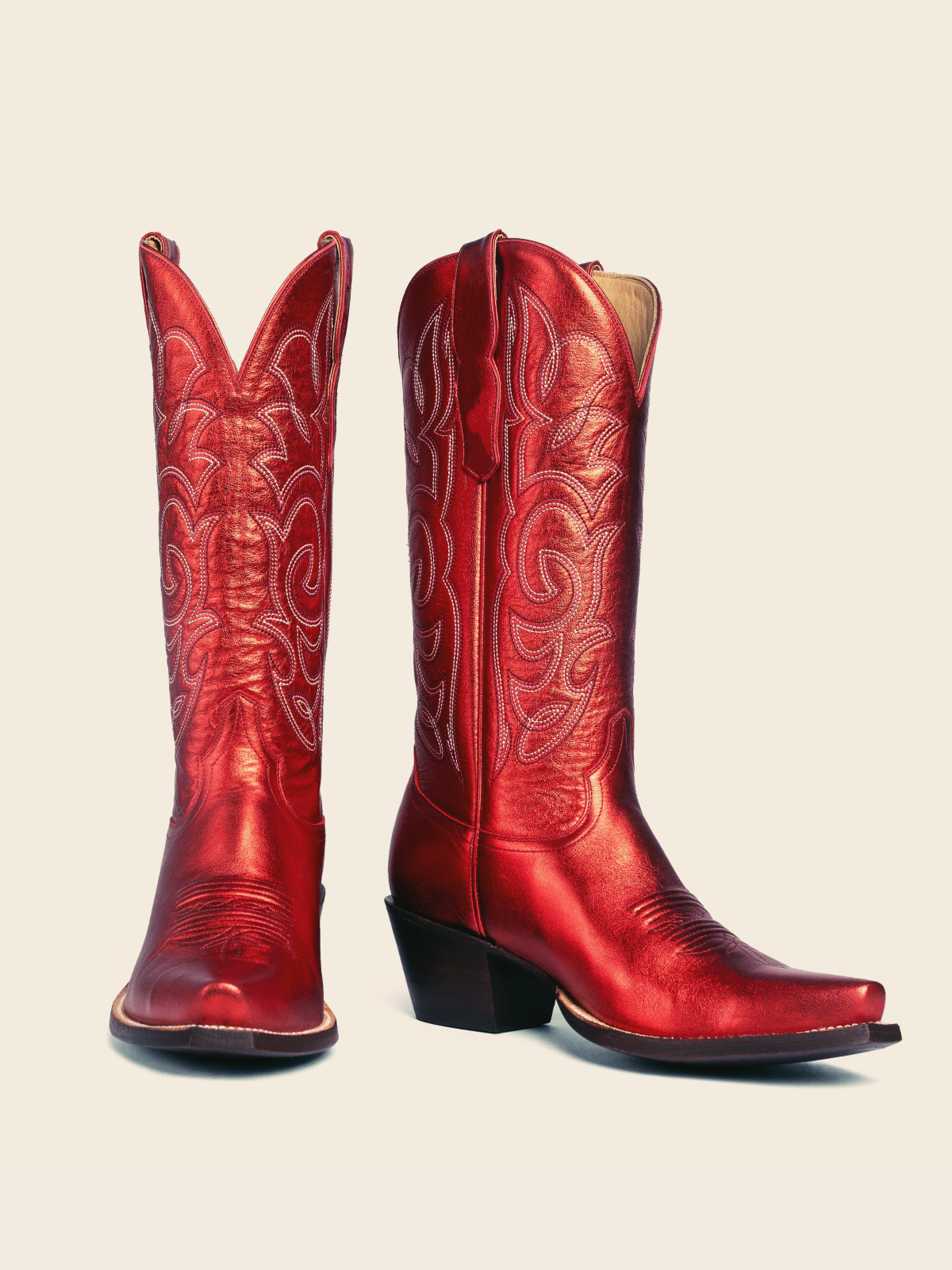 Metallic Red Embroidered Snip-Toe Mid Calf Western Boots Wide Calf Cowgirl Boots