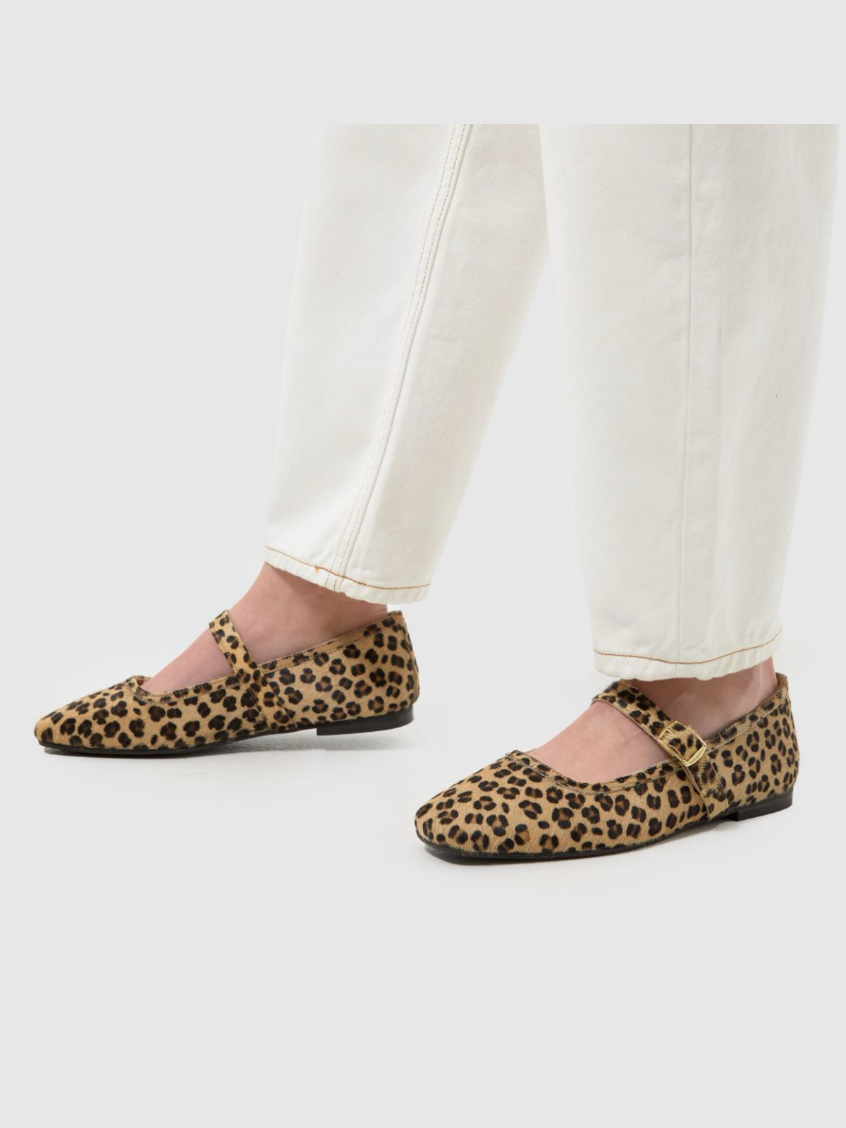 Leopard Faux Fur Square-Toe Bridge Strap Mary Janes Ballet Flats