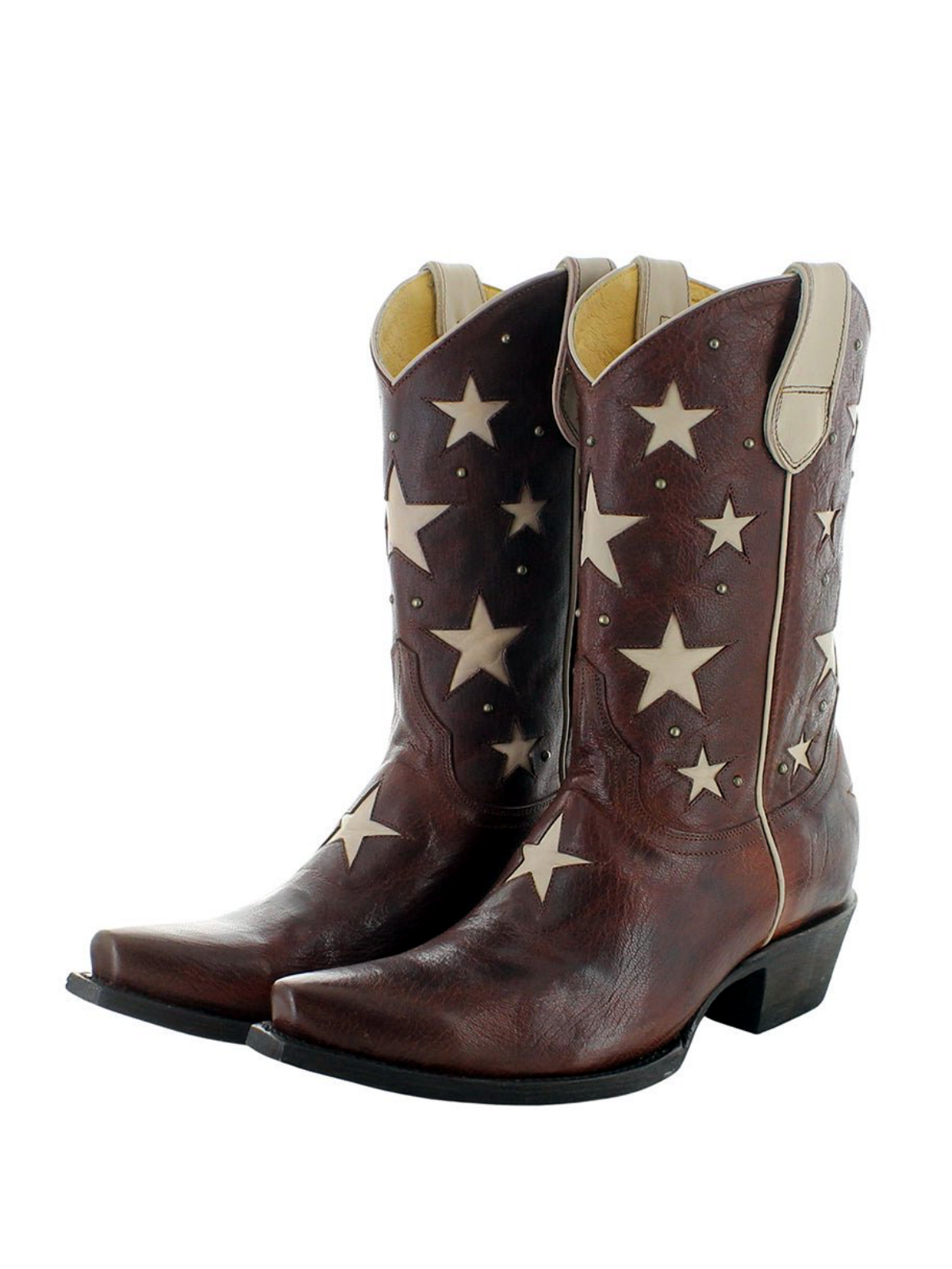 Dark Brown Snip-Toe Studded White Star Inlay Wide Mid Calf Cowgirl Boots