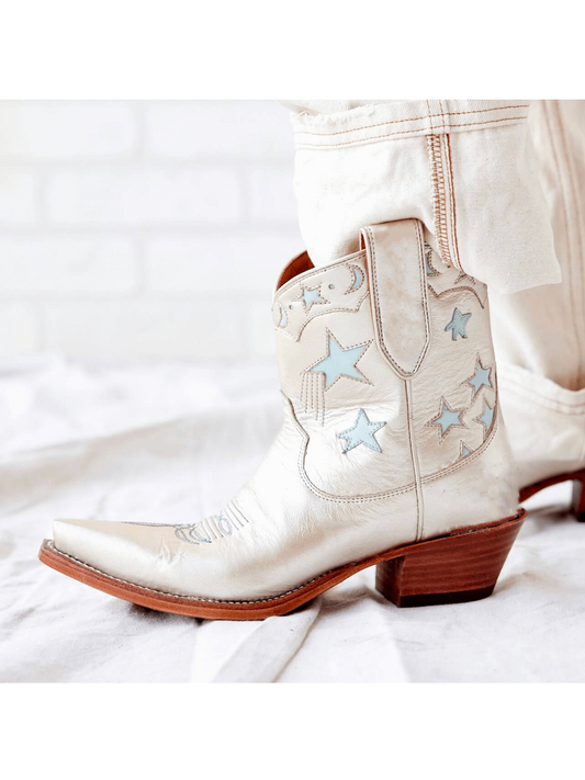 Metallic Light Gold Snip-Toe Light Blue Stars Inlay Wide Calf Cowgirl Ankle Booties