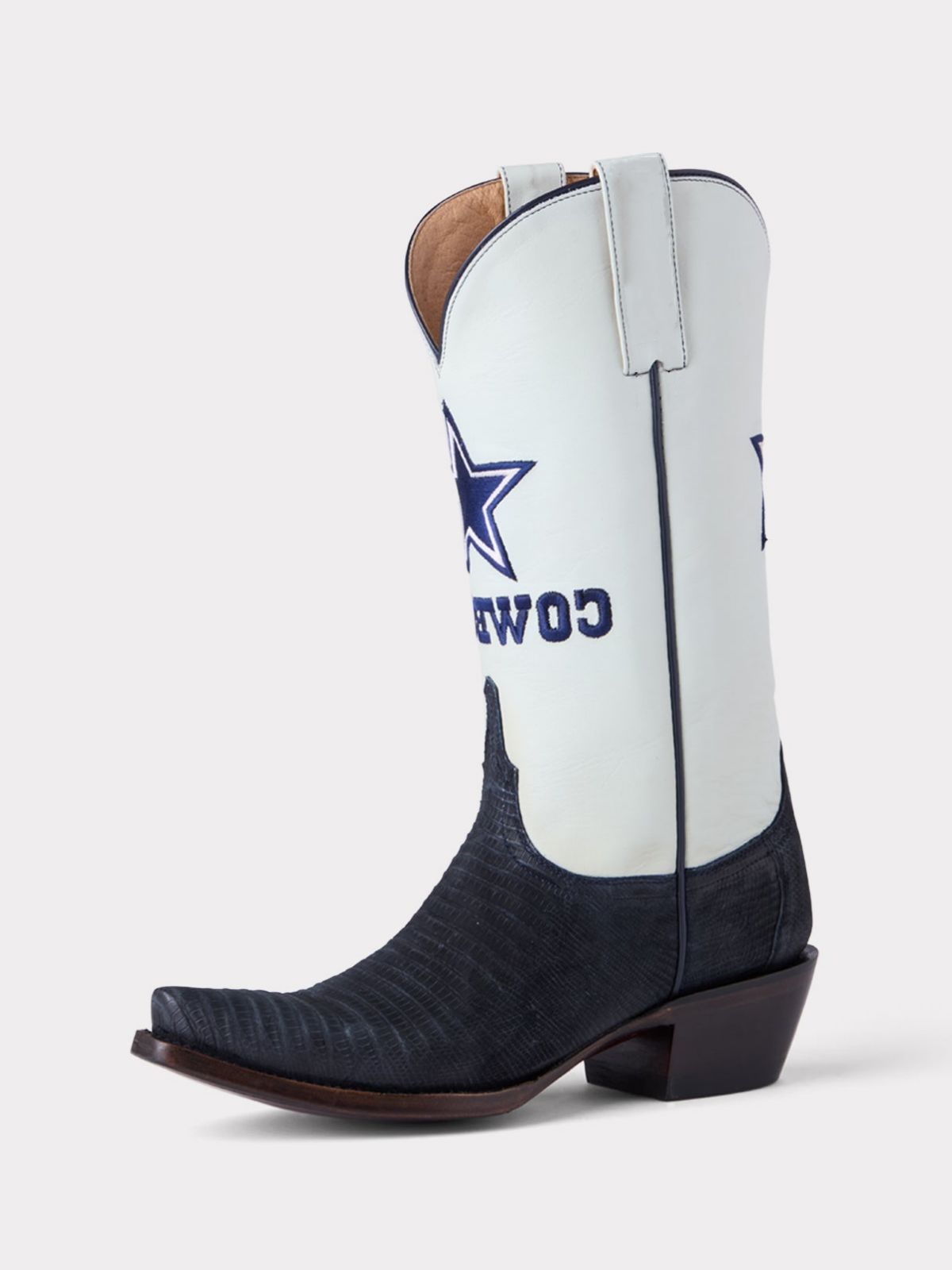 Contrast Navy Blue And White Snip-Toe Star Embroidery Wide Mid Calf Tall Cowboy Boots For Women