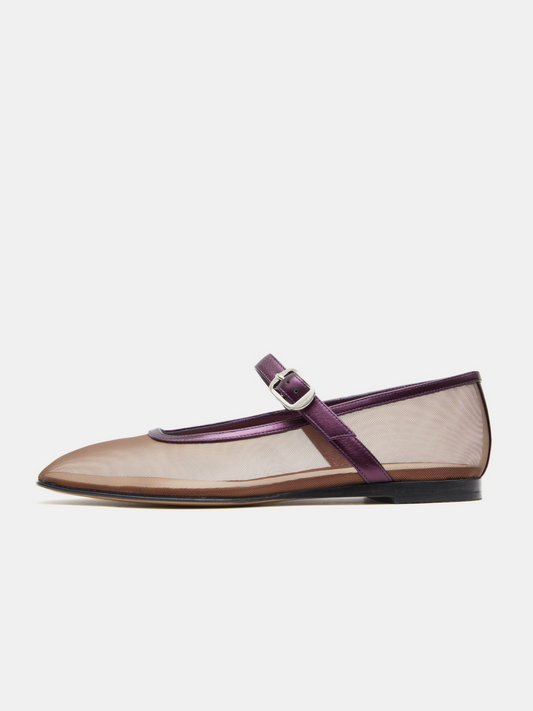 Metallic Plum Purple Mesh Square-Toe Flats Buckled Mary Janes