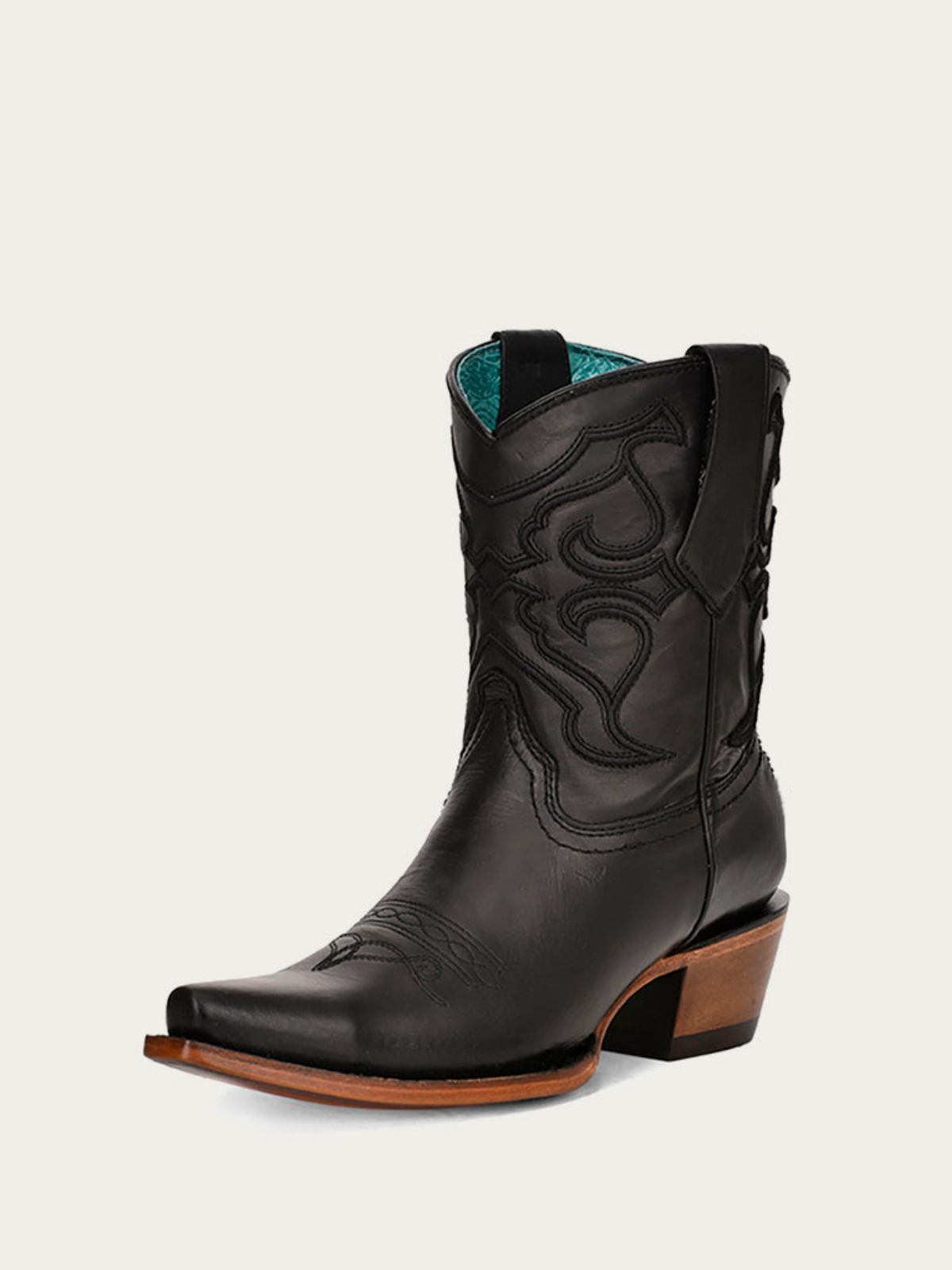 Black Snip-Toe Embroidery Wide Mid Calf Cowboy Boots For Women