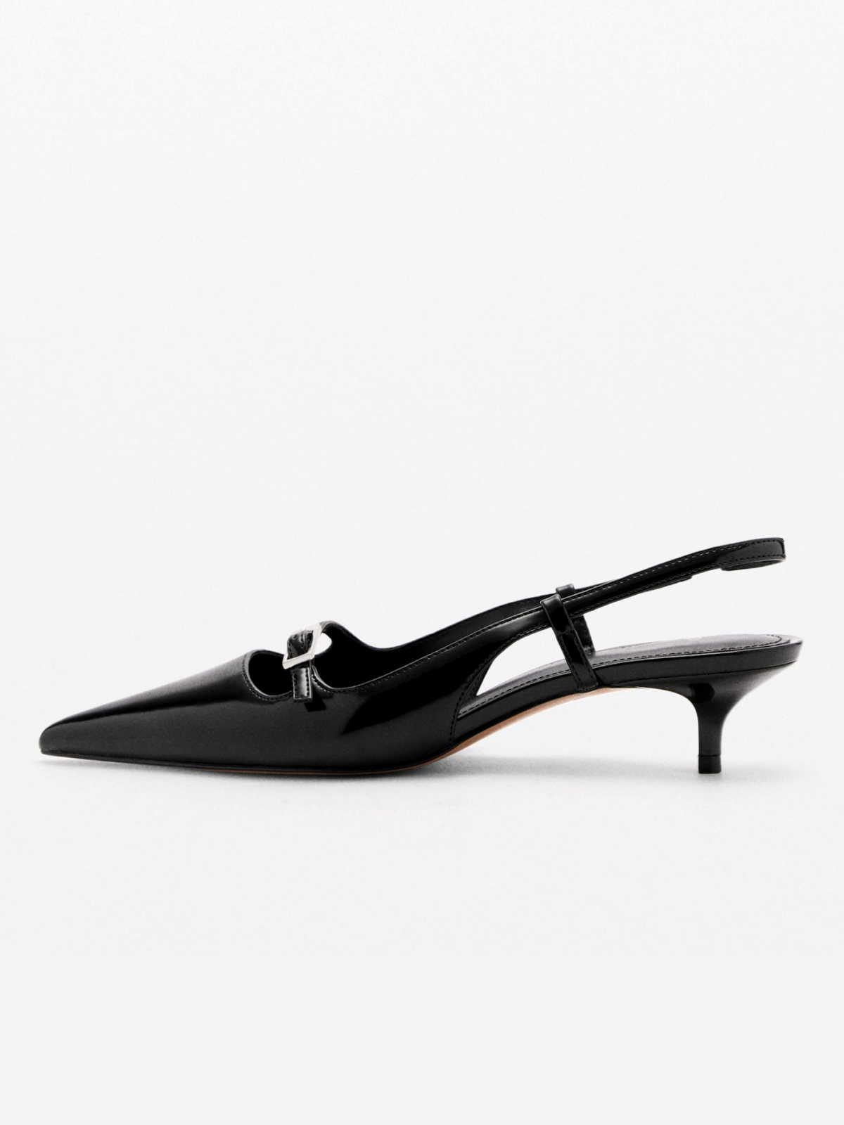 Black Patent Pointed-Toe Slingback Buckle Kitten Heels