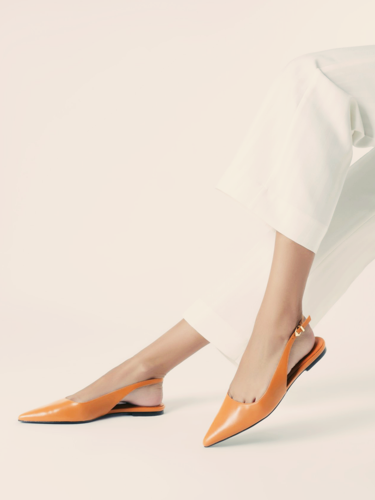 Orange Vegan Leather Pointy Flats Slingbacks With Buckled Back Strap