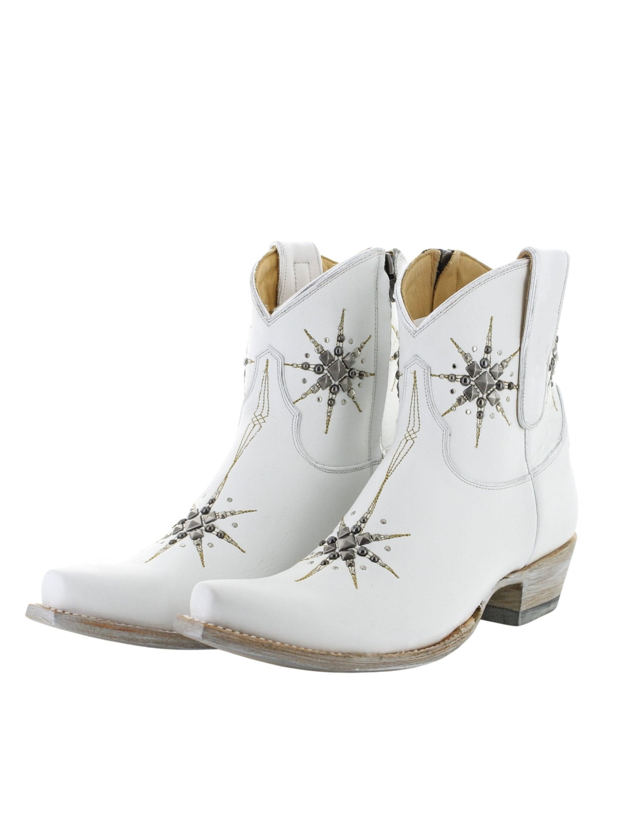 White Snip-Toe Studded Stars Full-Zip Mid Calf Cowgirl Boots