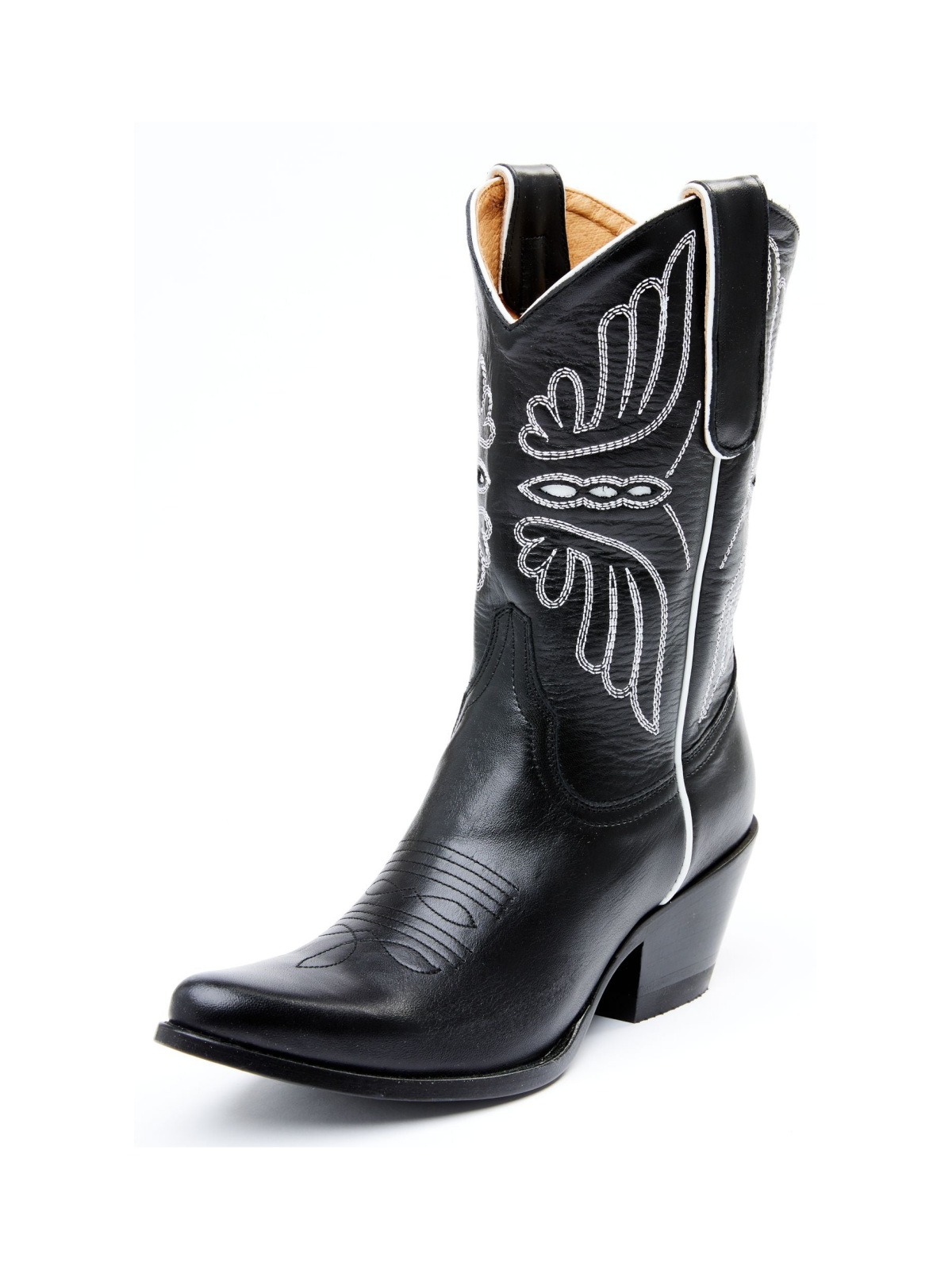 Black Butterfly Embroidery Inlay Pointed-Toe Wide Mid Calf Cowgirl Boots