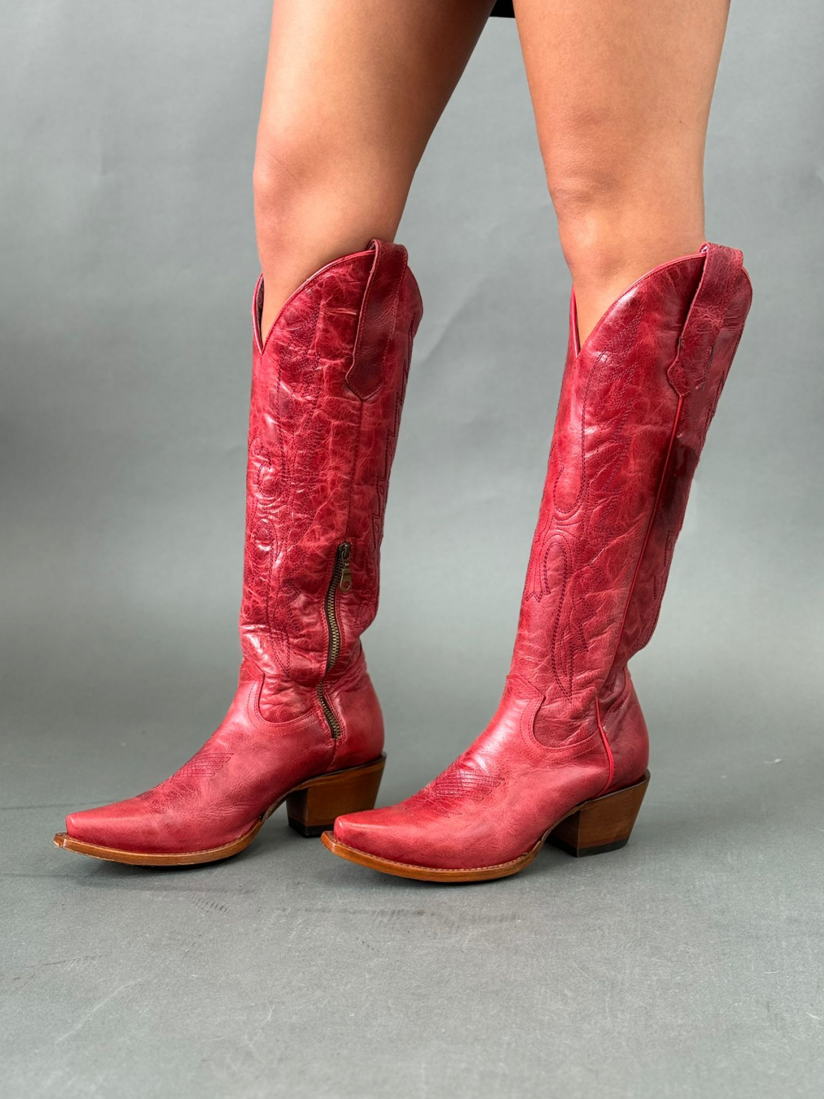 Distressed Red Eagle Embroidery Snip-Toe Half-Zip Cowgirl Knee High Tall Boots