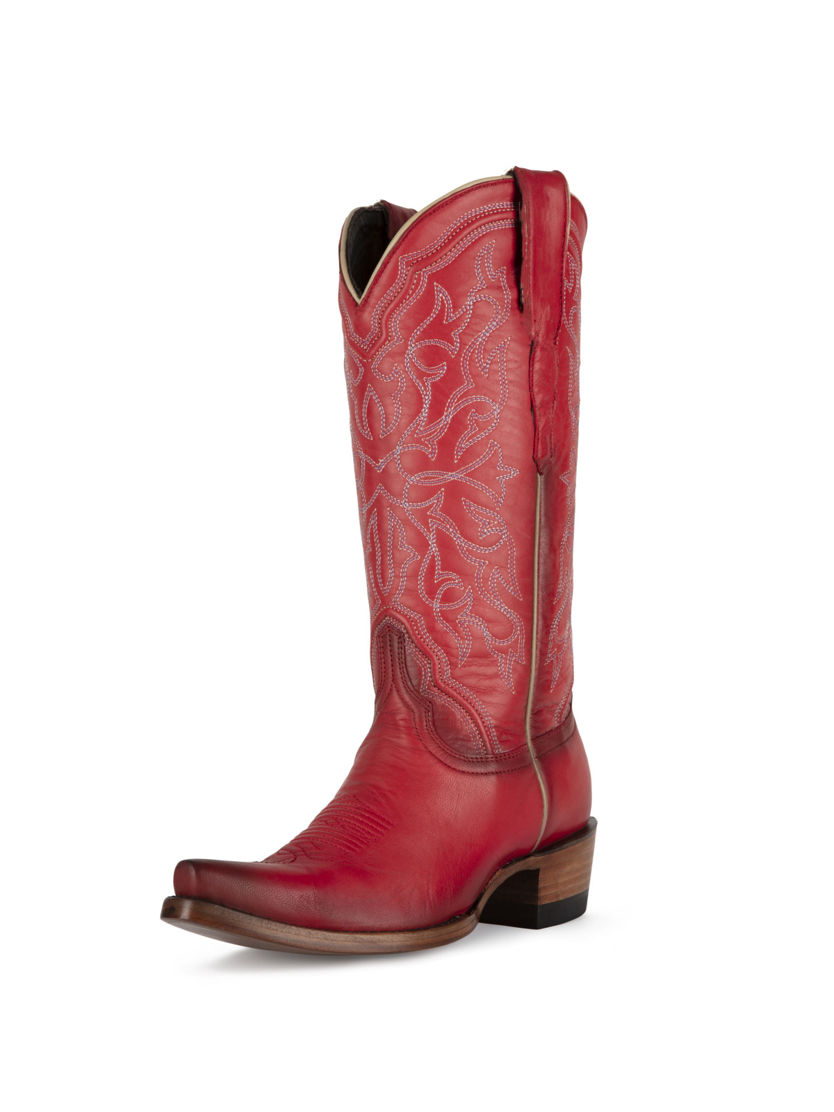 Burnish Red Vegan Leather Snip-Toe Embroidery Wide Mid Calf Cowgirl Tall Boots