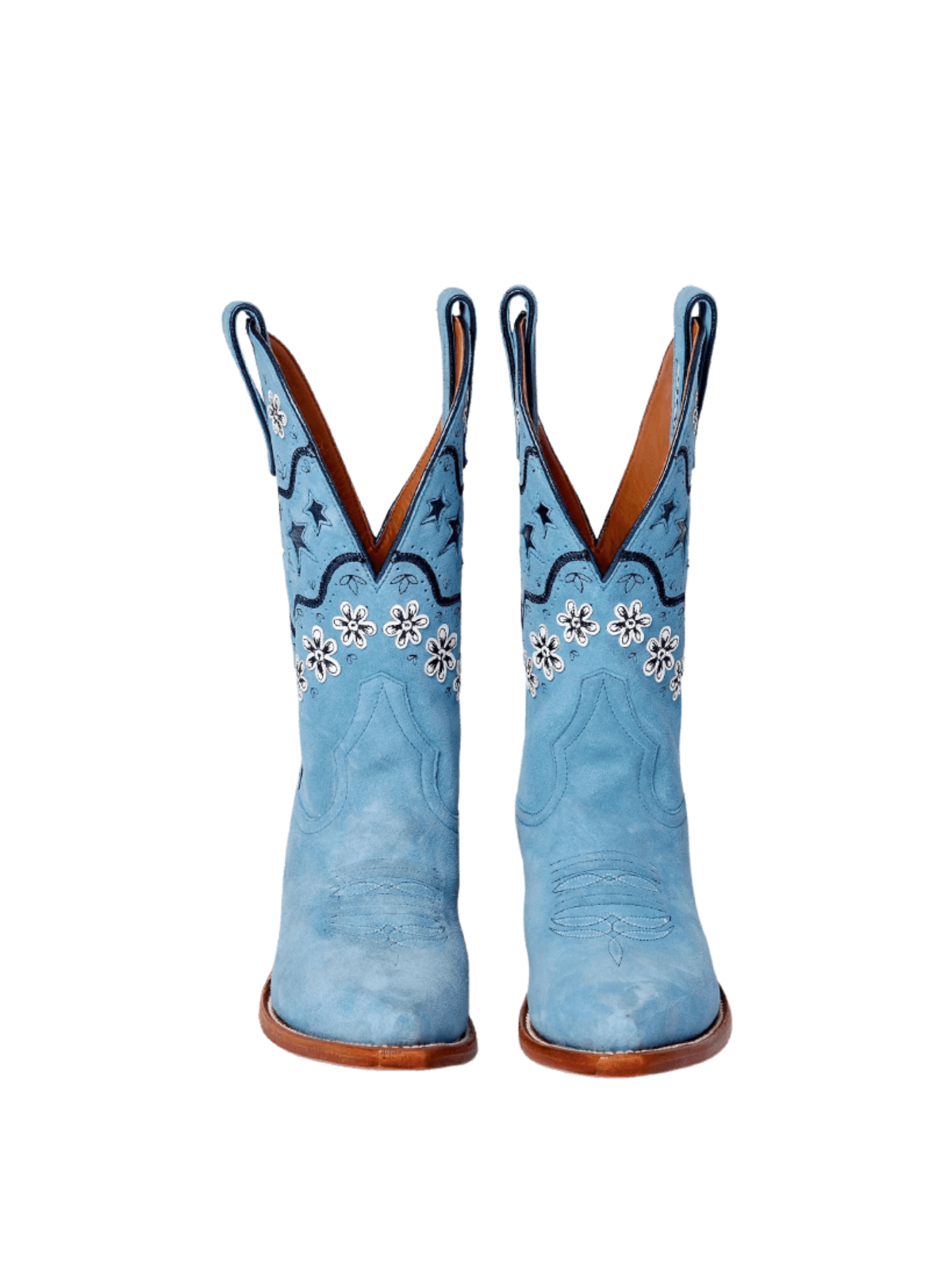 Blue Faux Suede Snip-Toe Stars Inlay And Flowers Applique Wide Mid Calf Cowgirl Boots