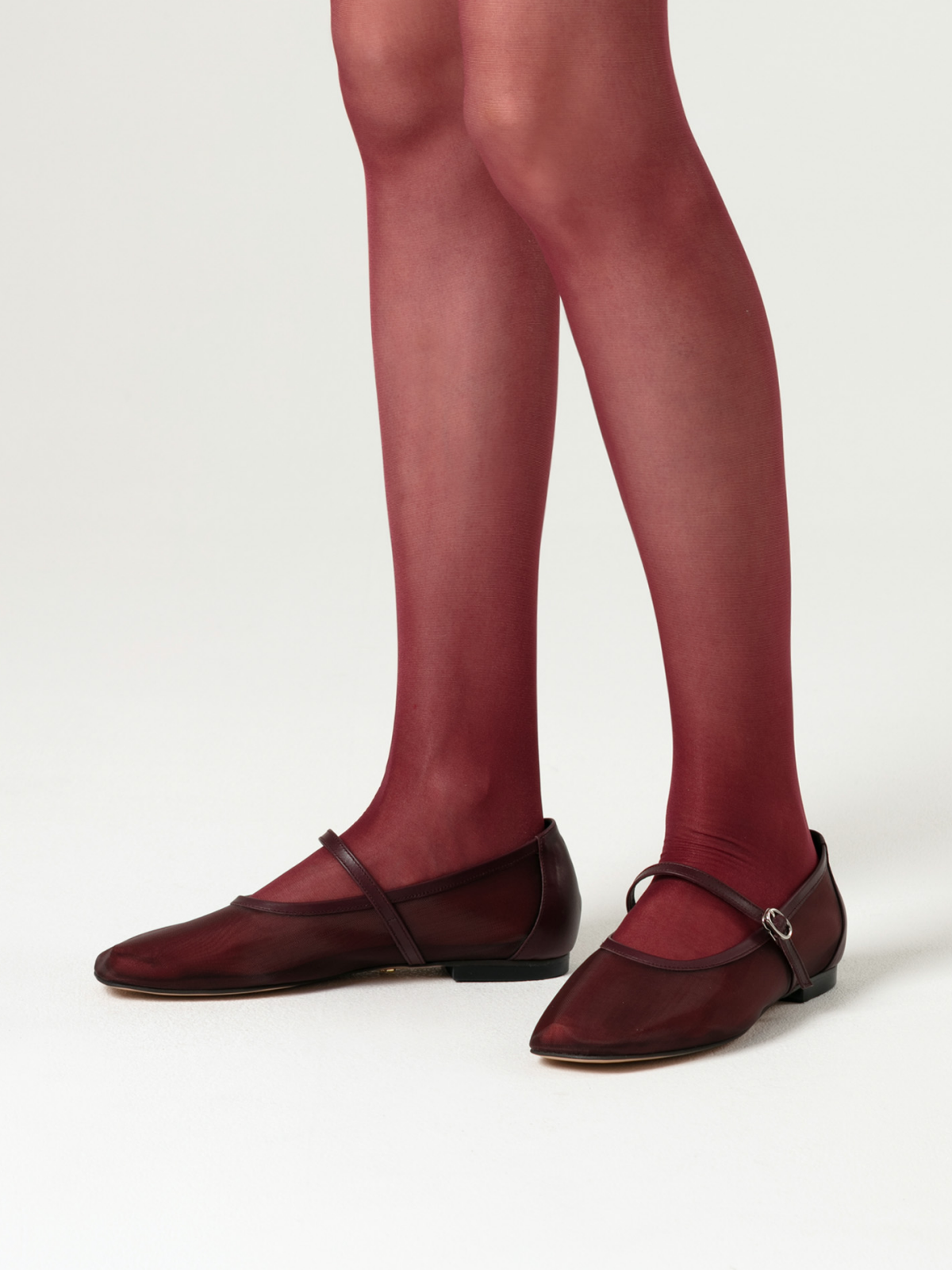 Maroon Mesh Square-Toe Flats Mary Janes With Adjustable Strap