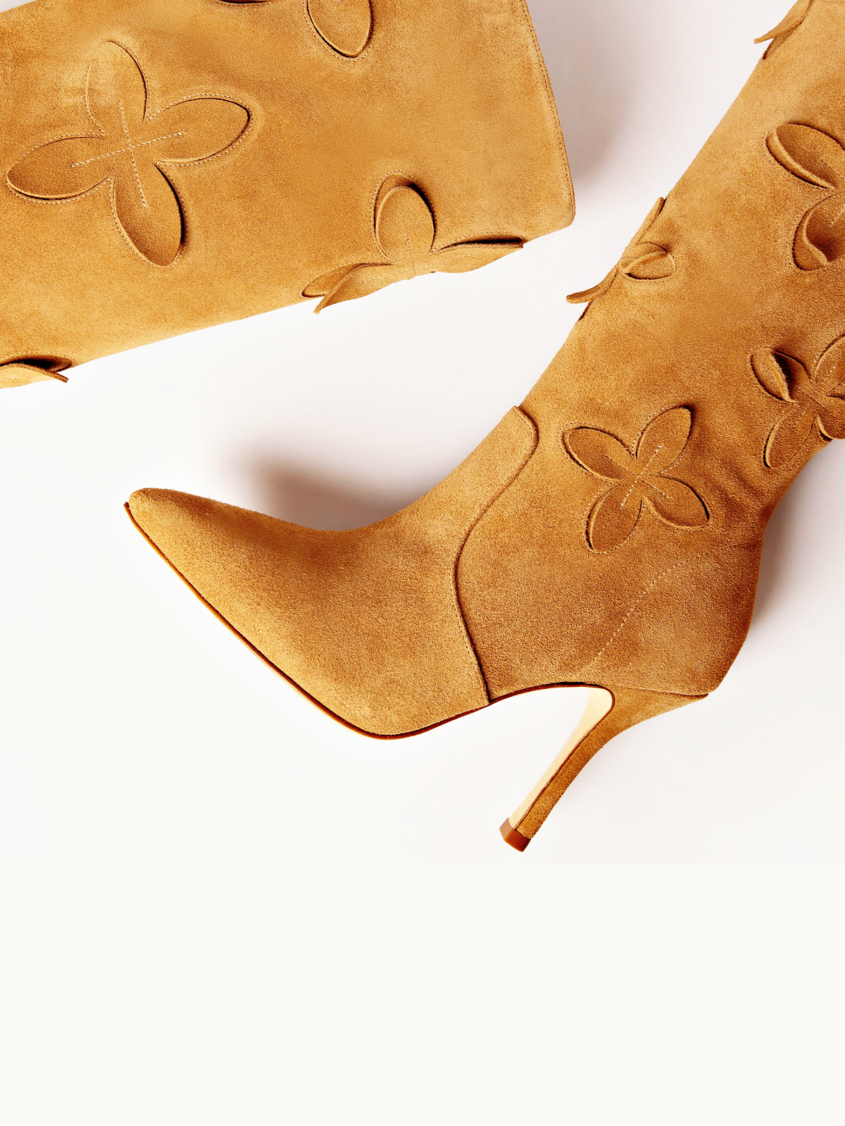 Tan Faux Suede Pointed-Toe Floral Applique Wide Calf Over-The-Knee Tall Stiletto Boots