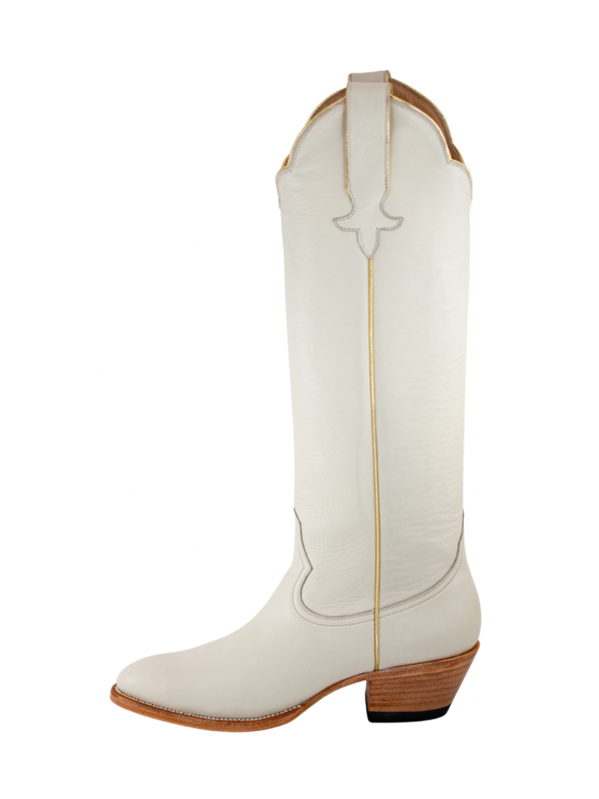 Simple Round-Toe Wide Calf Knee High Tall Cowgirl Boots - Bone