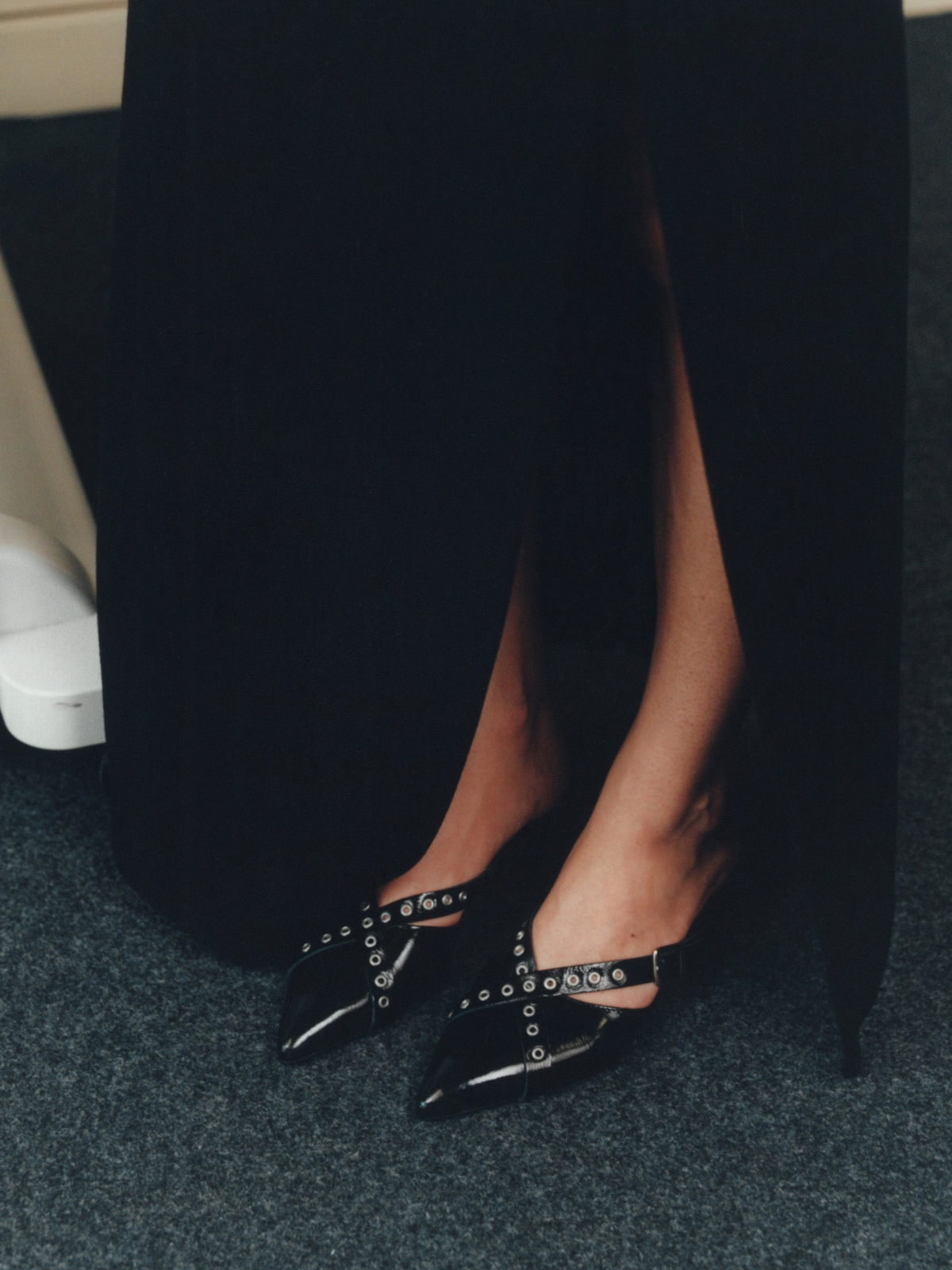 Patent Black Pointed-Toe Eyelet-Embellished Cross Straps Mules