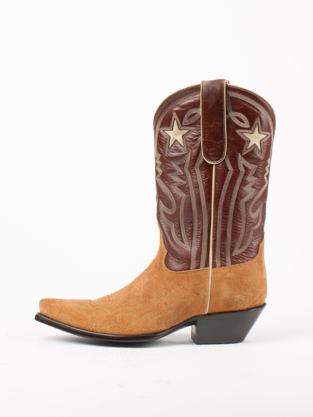 Contrast Chocolate And Tan Faux Suede Snip-Toe Embroidery Star Inlay Wide Mid Calf Cowgirl Boots