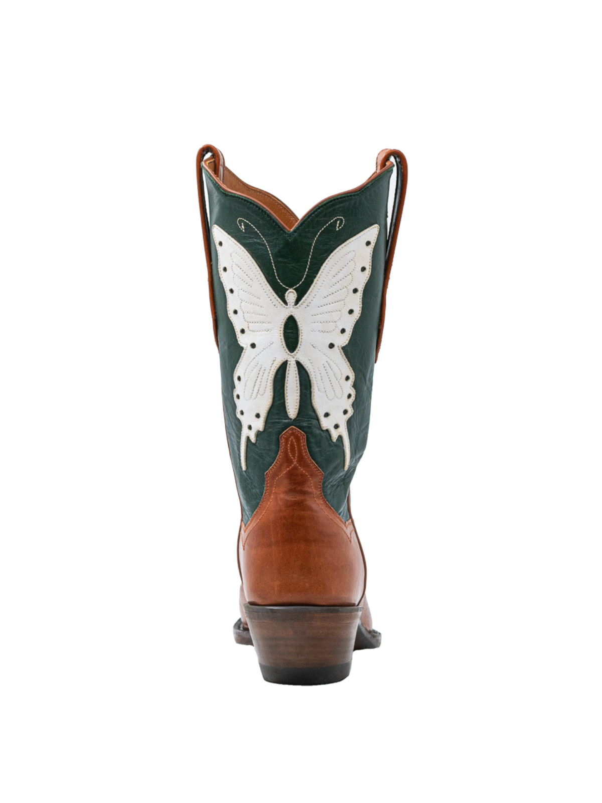 Contrast Brown And Green Pointed-Toe Wide Mid Calf Cowgirl Boots With White Butterfly Applique